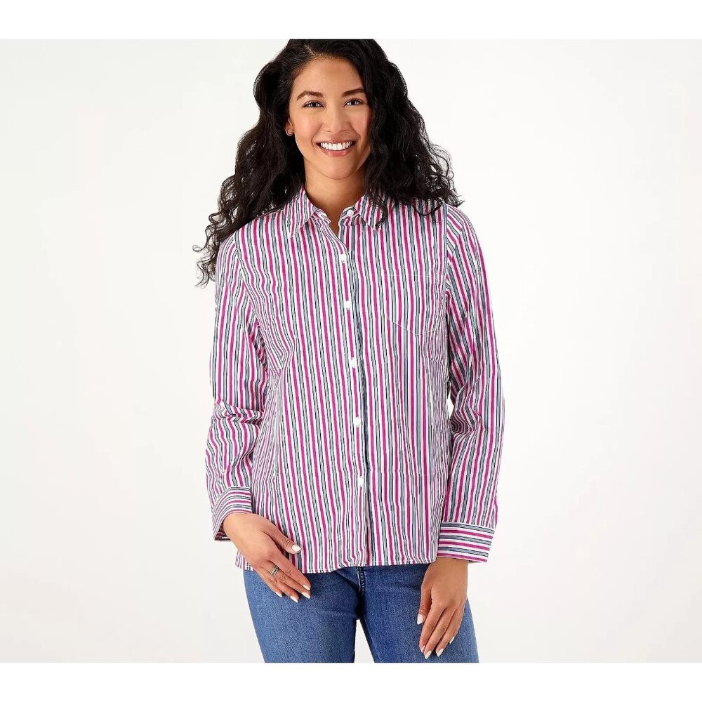 Denim and Company Printed Button Front Shirt Womens XS Pink Striped Career NEW